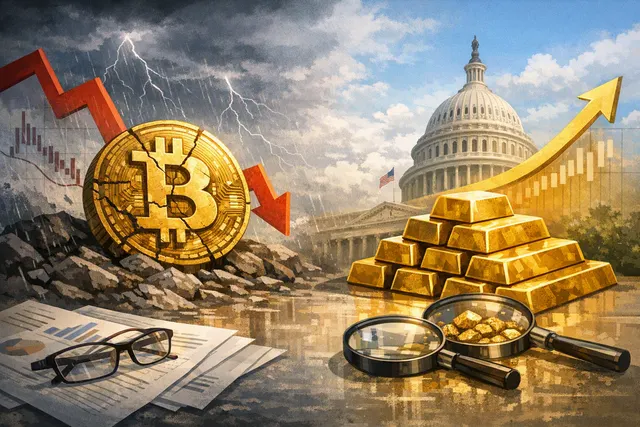 Bitcoin and gold bars on a financial chart with downward and upward arrows, representing Brookings economist Robin Brooks' argument that Bitcoin fails as a safe haven compared to g