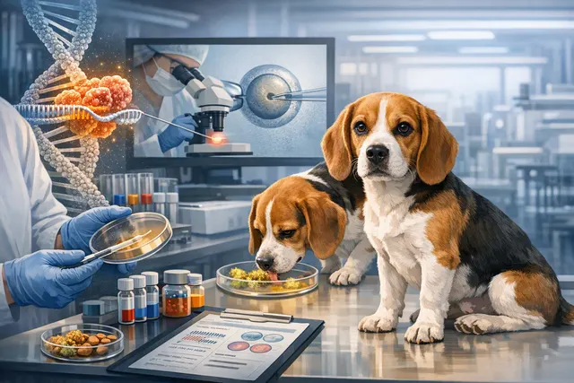 Two beagle puppies, Bailey and Alfie, the first dogs gene-edited to eliminate the major dog allergen Can f 1, resting together.
