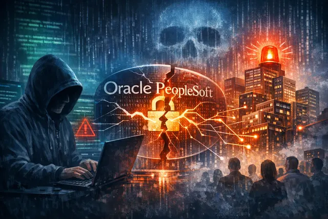 Digital illustration representing the ShinyHunters cyberattack on Oracle PeopleSoft systems, with a shattered database icon, glowing code, and a dark, urgent cybersecurity backdrop