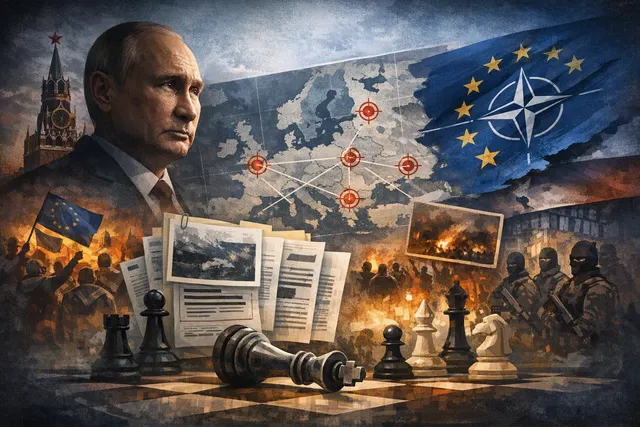 An AI-generated editorial illustration of Vladimir Putin at a secret briefing table, with a map of Europe and a focus on Moldova, symbolizing the Kremlin's 2026 plan to undermine N