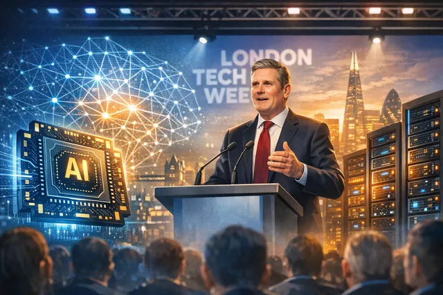 Prime Minister Keir Starmer delivering his London Tech Week 2026 keynote address, with digital AI chip and UK flag motifs in the background.