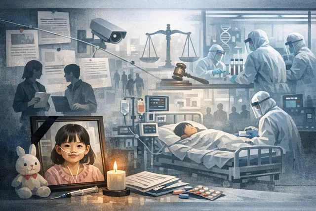 Dark-toned editorial illustration depicting a silhouette of a girl and medical symbols behind glass, representing the concealed death of six-year-old Mei in a Chinese gene-editing