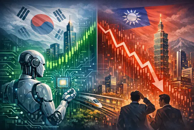Line chart showing Asian technology stock volatility with a sharp peak and sharp decline in 2026