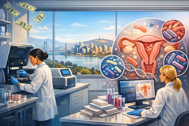 AI-generated illustration of a vaginal microbiome test kit and sequencing laboratory equipment representing Juno Bio's CLIA-certified facility in Oakland.