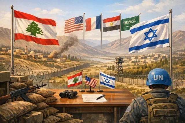 An AI-generated image depicting a diplomatic meeting table with flags of Lebanon, Israel, and the United States, symbolizing the US-brokered talks on Hezbollah disarmament.