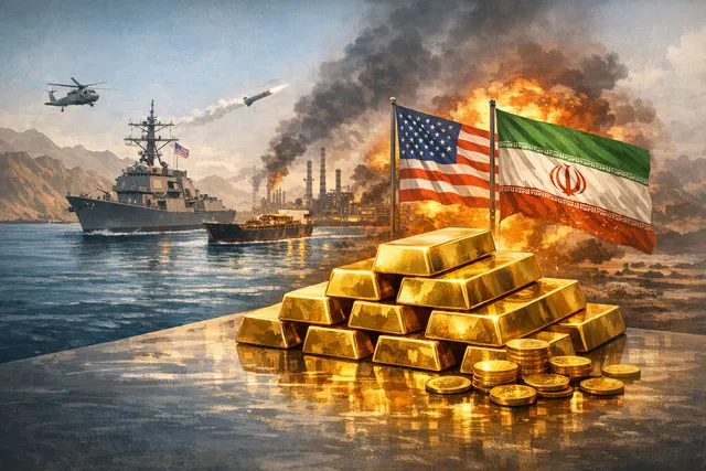 Gold bars and a rising gold price chart amid U.S.–Iran tensions and Strait of Hormuz uncertainty