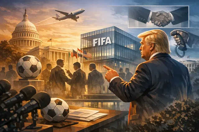 AI-generated conceptual image of a FIFA logo and a World Cup trophy with political figures in the background, representing the FIFA leadership crisis in August 2026.