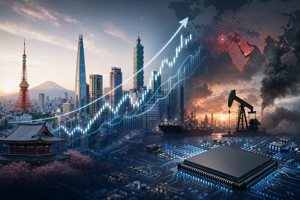 AI chip market screens and oil barrels symbolizing Asian equities rallying despite energy-price risk