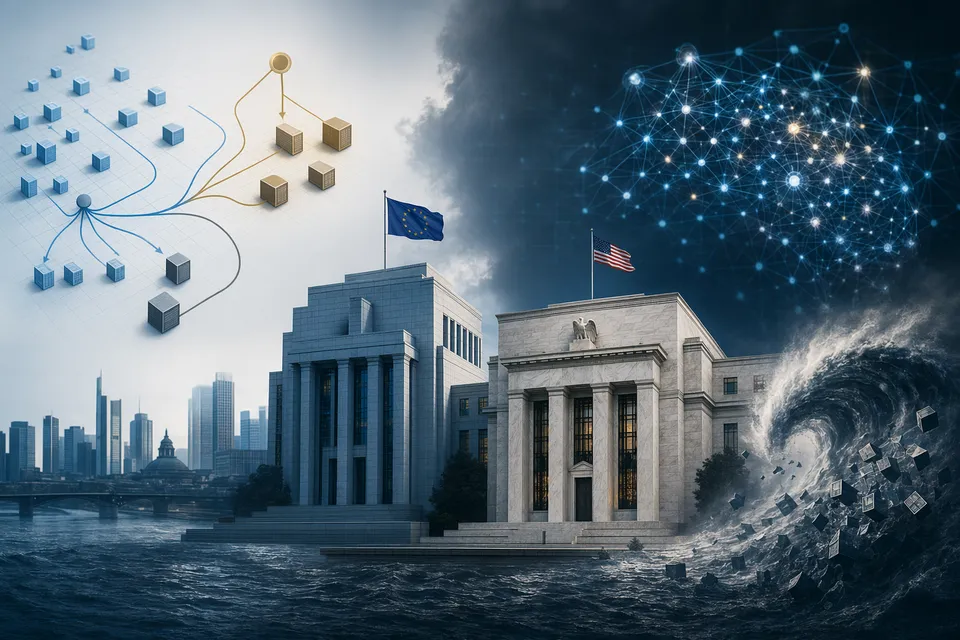 Abstract illustration of AI systems influencing financial markets during a market shock