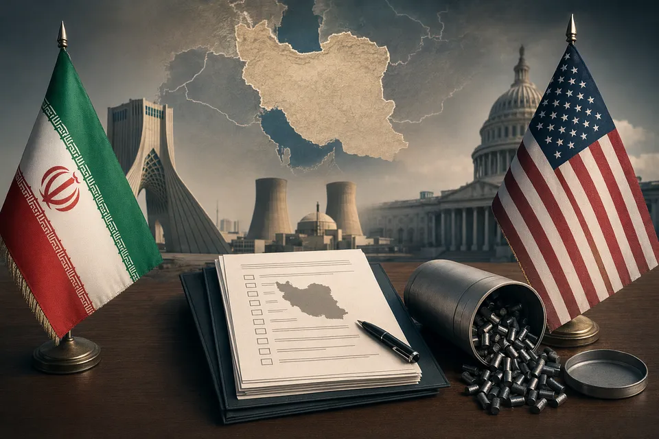 Illustration of diplomacy and nuclear negotiations involving Iran, uranium transfer, and international mediation