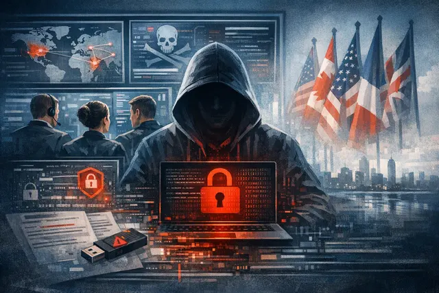 Warning sign and network nodes representing the Gunra ransomware threat targeting critical infrastructure globally