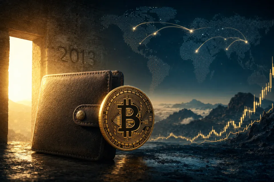 AI-generated illustration of an old Bitcoin wallet reactivating with coins moving across a blockchain network