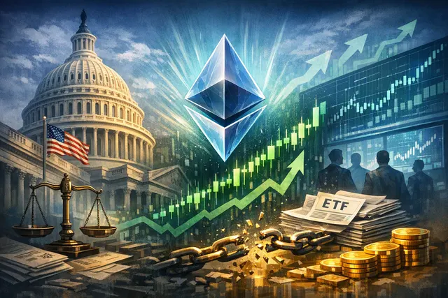 Ethereum coin graphic with an upward price chart representing a crypto rally