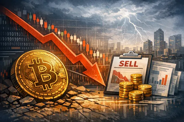 Bitcoin price chart showing a drop below the $64,000 level with red candlesticks and technical indicators.