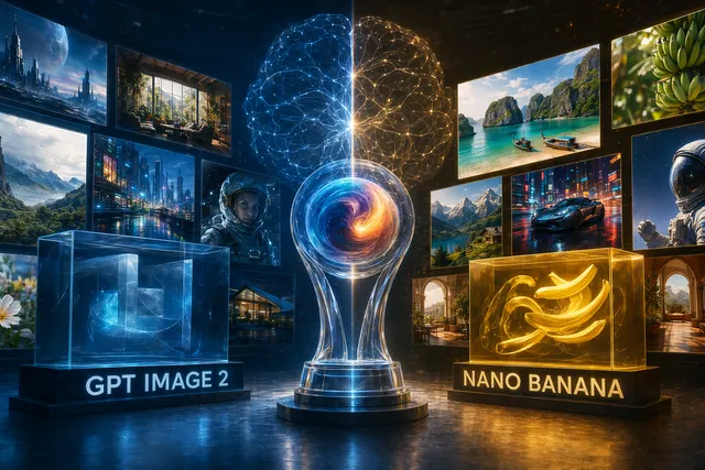 Editorial comparison graphic for GPT Image 2 versus Nano Banana AI image generation benchmarks