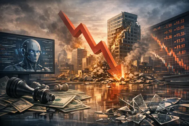 A dramatic AI-generated visual depicting the collapse of a hedge fund, with financial charts in freefall, a distressed sale, and a lone figure representing Leopold Aschenbrenner