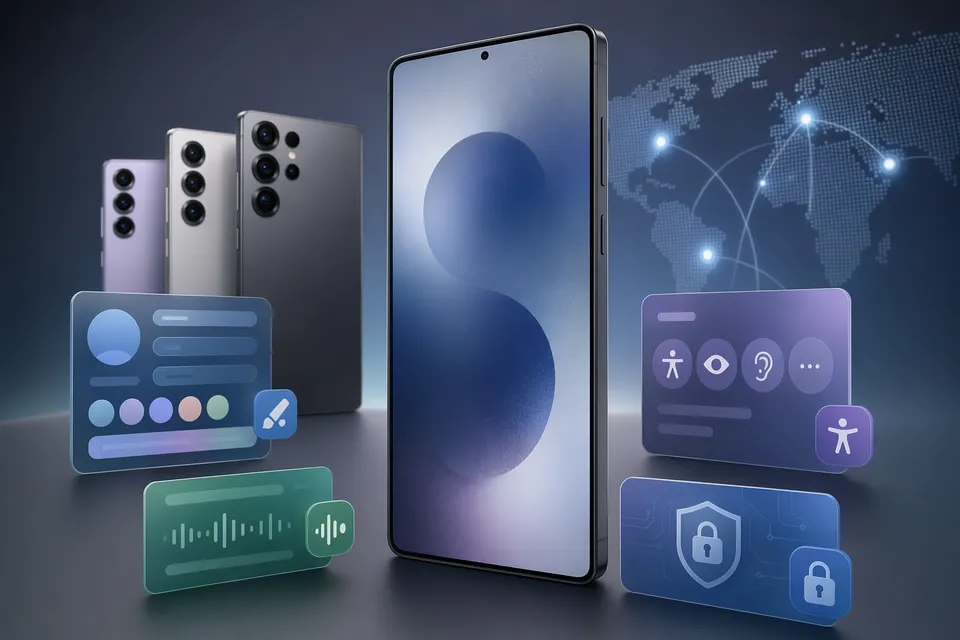Editorial illustration of a Samsung Galaxy S26 phone showing an Android 17 and One UI 9-style software interface