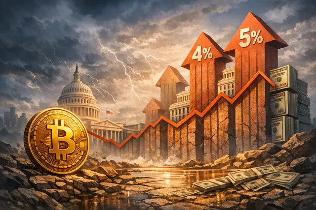 A stylized Bitcoin coin under macroeconomic storm clouds, with rising red treasury yield arrows dominating a dark financial skyline.