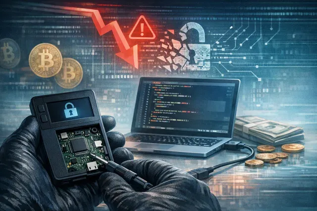 An abstract digital illustration of a shattered Coldcard hardware wallet with Bitcoin keys and glowing fragments representing the firmware entropy failure