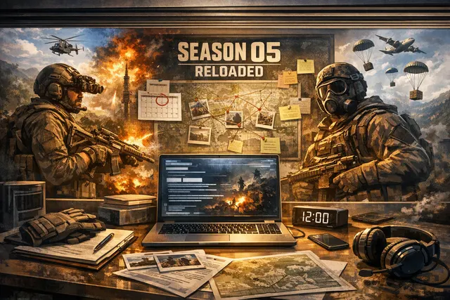 Season 05 Reloaded key art for Call of Duty: Black Ops 7 and Warzone, featuring Rex Infernus Zombies map