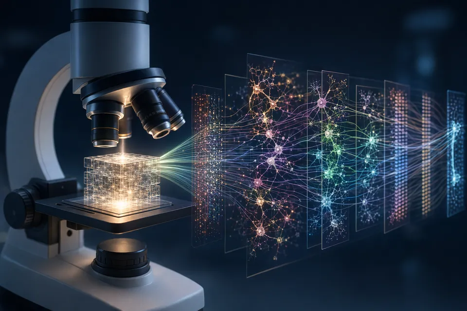 Abstract illustration of an AI microscope examining Claude’s hidden internal reasoning circuits