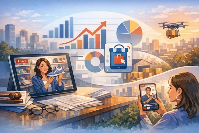 eBay Live shopping livestream interface with product listings and host, representing the platform's record Q2 2026 growth and self-service onboarding expansion