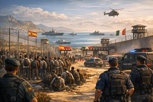 Editorial illustration of the Ceuta border fence and Mediterranean coastline, symbolizing the 2026 migrant crisis