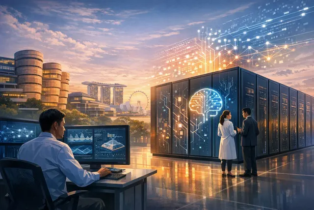 AI-generated editorial illustration of Singapore’s ASPIRE 2B national supercomputer powering climate, healthcare and multilingual AI research