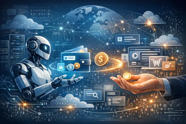 AI-generated illustration of an AI agent wallet interface showing account and virtual wallets, stablecoin balance, spending limits, and cloudflare.pay handles