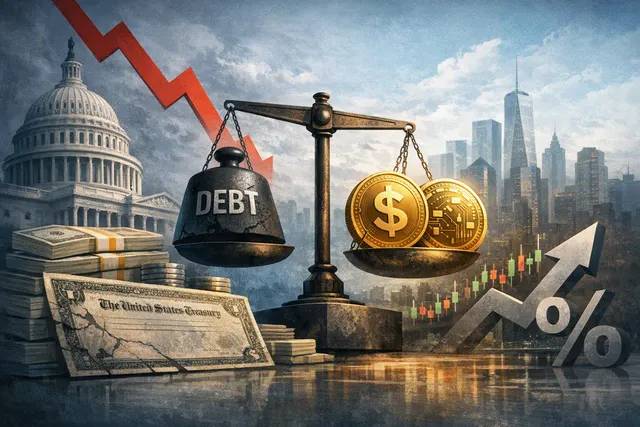 Illustration of tokenized corporate bonds and dollar stablecoins moving across a blockchain network