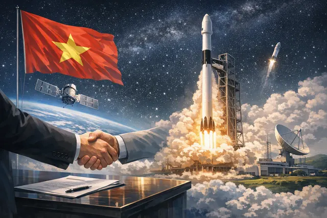 AI-generated editorial illustration of a Falcon 9 rocket launching, with Vietnamese flag motifs and satellite imagery, representing VinSpace's first satellite launch deal with Spac