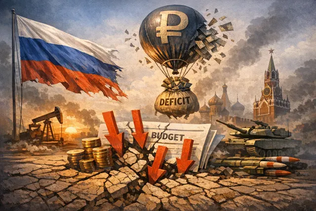 A conceptual illustration of Russia's 2026 budget deficit crisis, showing a collapsing oil barrel, a stack of ruble banknotes, and a graph line plunging into the red, reflecting th