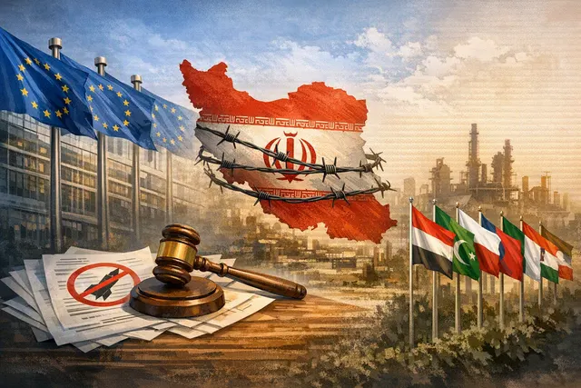 Editorial illustration of EU sanctions measures targeting Iran and European coordination