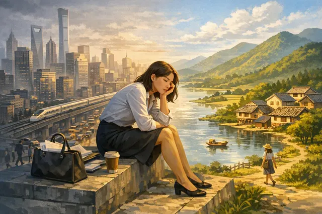 A young Chinese professional walking away from a bustling megacity skyline toward a peaceful small town landscape, symbolizing the 'lying flat' trend.