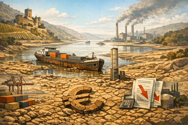AI-generated image depicting the low water levels of the Rhine River near the Kaub chokepoint during the 2026 drought.