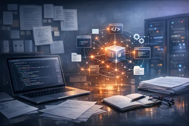 Abstract editorial illustration of an AI coding agent coordinating code, tools, and context