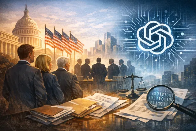 AI-generated editorial illustration depicting a coalition of state attorneys general investigating OpenAI with a subpoena as the company prepares for an IPO.