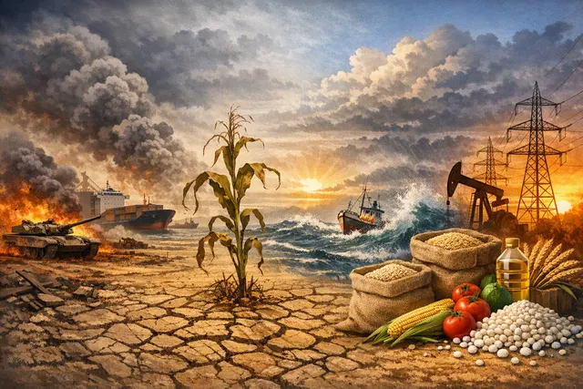 A conceptual image representing global food inflation: a globe surrounded by wheat stalks, shipping containers, and rising price charts