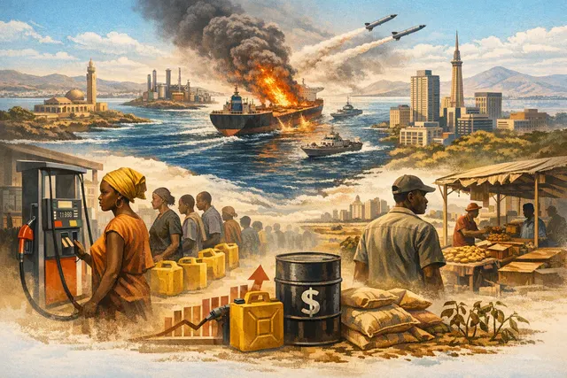 Graphic illustrating the impact of the Strait of Hormuz crisis on African economies, showing a fuel pump and economic indicators