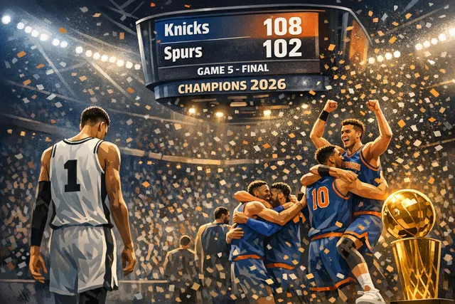 New York Knicks players celebrating their 2026 NBA championship win after defeating the San Antonio Spurs in the Finals.
