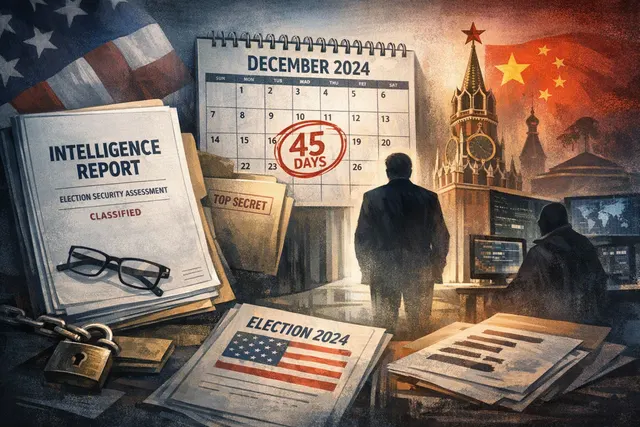 Editorial illustration of classified election intelligence documents and a sealed report about foreign interference in the 2024 U.S. election