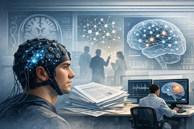 Conceptual illustration of a brain-computer interface decoding neural signals across multiple people and modalities.