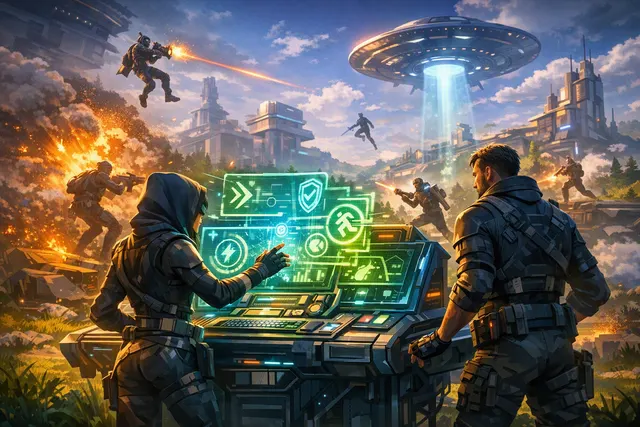 Fortnite Chapter 7 Season 4 Override scene showing a hacked gaming-themed Island with an Override Console