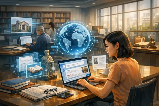 Editorial illustration of NUS AI Sense Maker connecting digitised research papers and rare collections through conversational AI