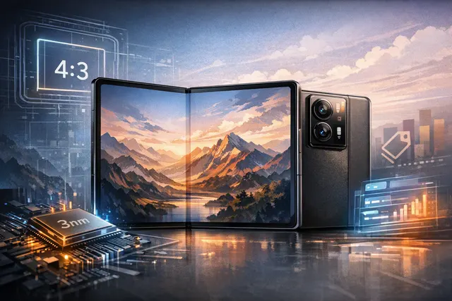 Conceptual render of the leaked Xiaomi Mix Fold 5 showcasing its wide 4:3 inner display and HyperOS 4 interface.