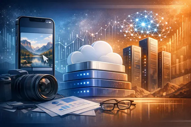 Abstract illustration of a smartphone with AI and iCloud+ branding, representing iOS 27 usage caps and paid tiers