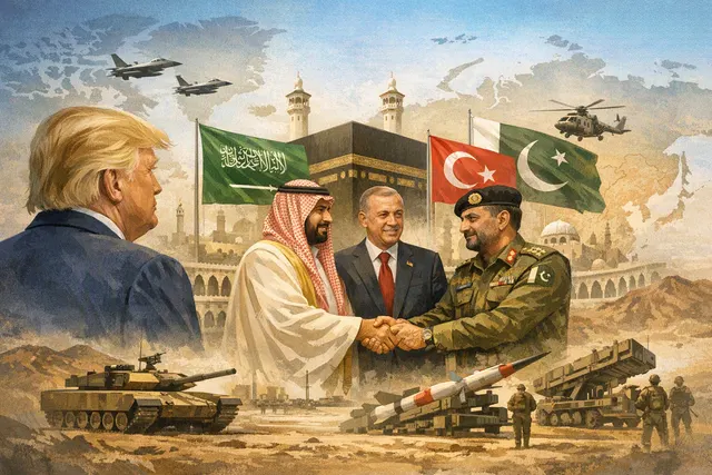 A geopolitical illustration showing the flags of Saudi Arabia, Turkey, and Pakistan linked together, symbolizing the new trilateral Mecca Joint Defense Agreement and its NATO-style