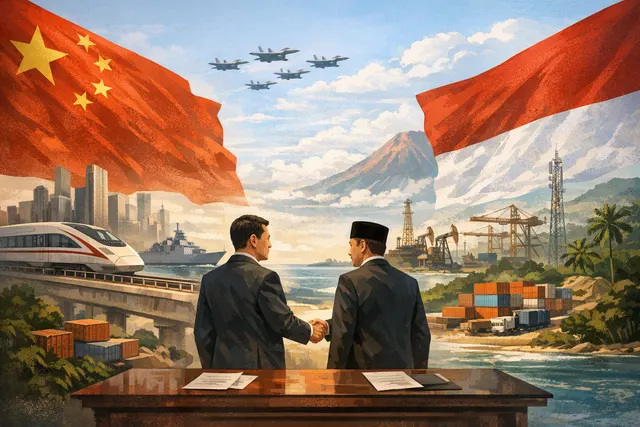 Map of Indonesia and China with trade and manufacturing symbols, illustrating economic integration offer