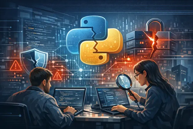 Abstract depiction of an AI agent-to-agent attack chain showing a low-privilege agent being prompt-injected to trigger a high-privilege agent in a CI/CD pipeline.