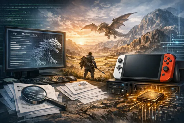 A dramatic scene from Monster Hunter Wilds showing a hunter facing a large monster in a desert-like environment, representing the game's graphical fidelity discussed in the Switch